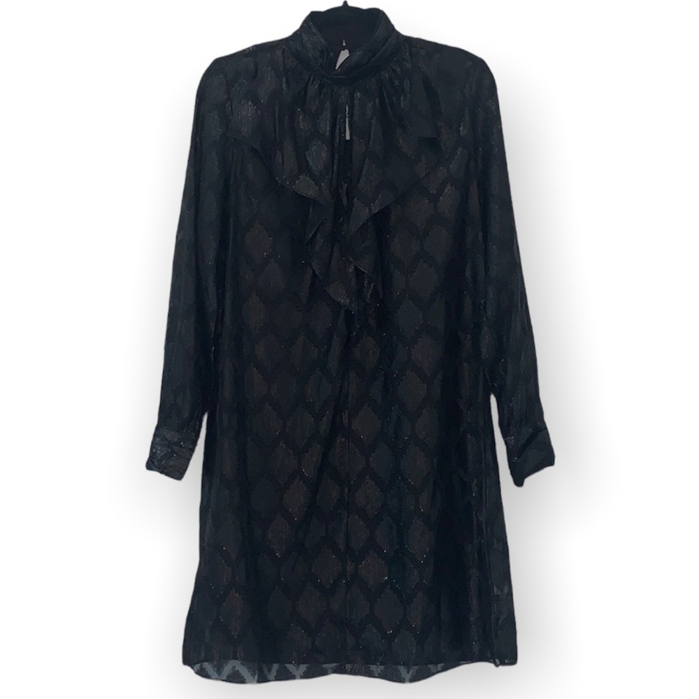 Nanette Lepore Rare Black High Neck Ruffle Iridescent Textured Overlay Size 4